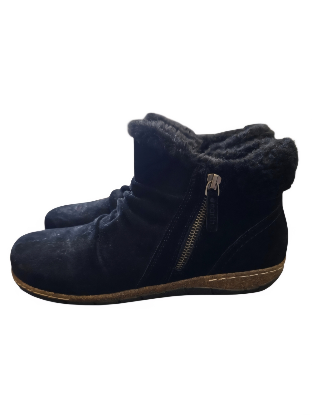 Earth Eteric Black Suede Fur-Trim Zip Ankle Booties Sz 9